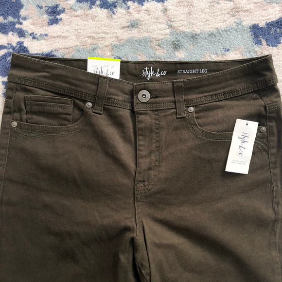 Style&Co Rail Straight Leg Embroidered Olive Jeans - Picture 4 of 8